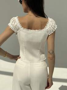Aloruh Women Casual Solid Color Lace Trim Blouse, Summer