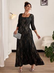 SHEIN Clasi Plus Size Romantic And Elegant Square Collar Side Strap Design Black Lace Dress,Lace Dress - Black - View 4
