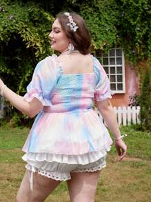 Lyrianda Blusa romántica de talla grande con cuello cuadrado y cintura ceñida de corte fluido - Multicolor - Ver 2