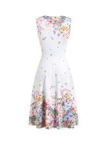 Ellevyn Ladies V-Neck Sleeveless Twist Knit Form-Fitting High-Stretch Floral Print Midi Dress, White, Elegant Outdoor Spring/Summer