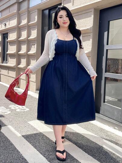 SHEIN ICON 大码女式复古学院风优雅海军蓝牛仔背带裙，夏季
