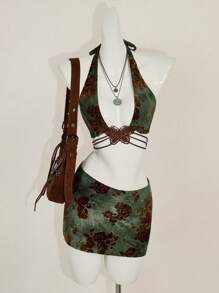 SHEIN ICON 女士两件套日常装假日植绒印花绿棕色胸前蝴蝶装饰露背上衣和臀裙 - 彩色 - 查看 9