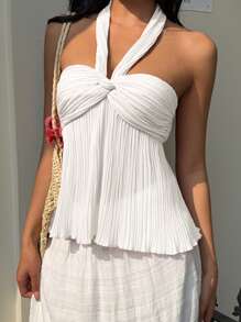 SHEIN EZwear 女士纯色扭结吊带背心，适合度假 - 白色 - 查看 6