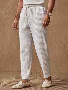 HIMLAND 男士休闲梭织条纹中腰抽绳锥形西装裤 - 白色 - 查看 4