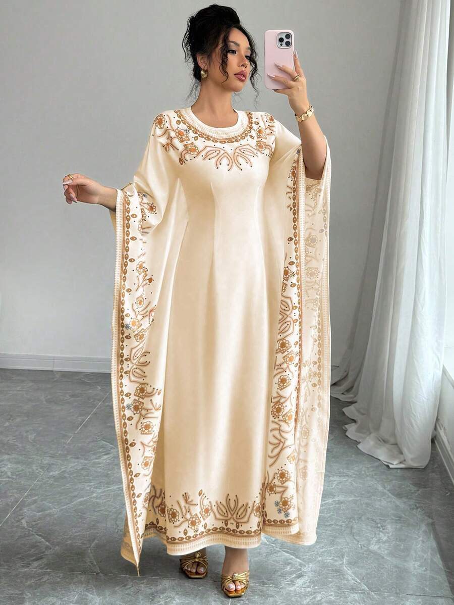 Elenzga Elegant Waist-Cinched Round Neck Long Floral Print Dress For Women, Suitable For Formal Occasion - Apricot - View 1