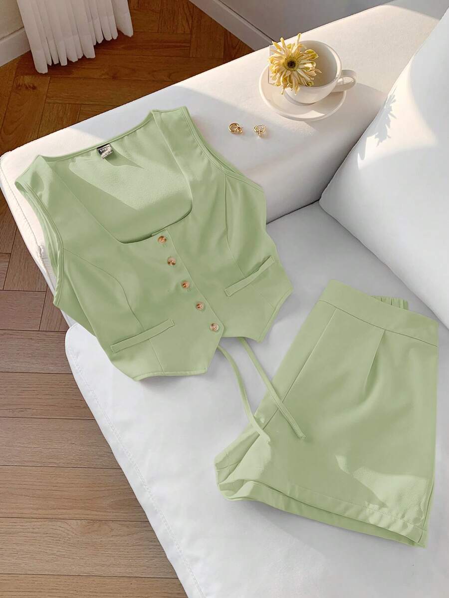 Comfortcana Women 2pcs Set Light Green Open Front Single-Breasted Vest And Shorts - Mint Green - View 1