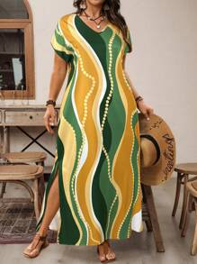 EMERY ROSE Plus Size Women's Wavy Striped Geometric Print V-Neck Bat Short-Sleeved Side Slit Country Vacation Long Dress,Spring And Summer - Army Green - View 3