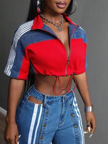 Slaydiva Women Contrast Side Stripe Zip Front Crop Denim Jacket - Multicolor - View 6