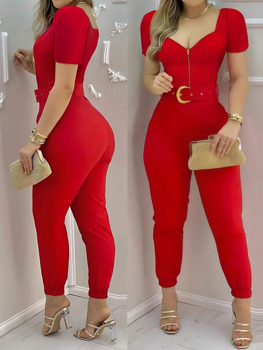 INAWLY Fitted Sexy V-Neck Zipper Belted Jumpsuit - Red - View 1