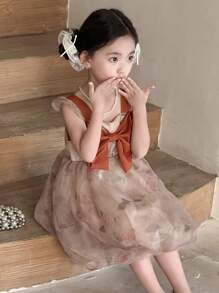 DAZY Young Girls Summer Square Neck Gradient Elegant Bowknot Decor Party Dress - Coffee - View 8