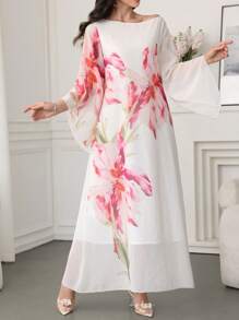 SHEIN Najma Elegant Floral Print Flare Sleeve Dress - Apricot - View 3