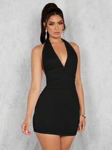 SHEIN PETITE Váy ngắn hở lưng cổ yếm màu đen, trang phục đêm hẹn hò, váy dự tiệc lễ hội, váy mùa hè cho nữ, trang phục sinh nhật, váy dự tiệc hồ bơi, váy tốt nghiệp - màu đen - Xem 5