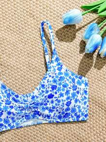 SHEIN 少女碎花荷叶边泳衣套装 - 藍色 - 查看 4
