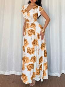 SHEIN VCAY CURVE Vestito maxi con scollo a V a volant con stampa floreale, estivo, per taglie comode