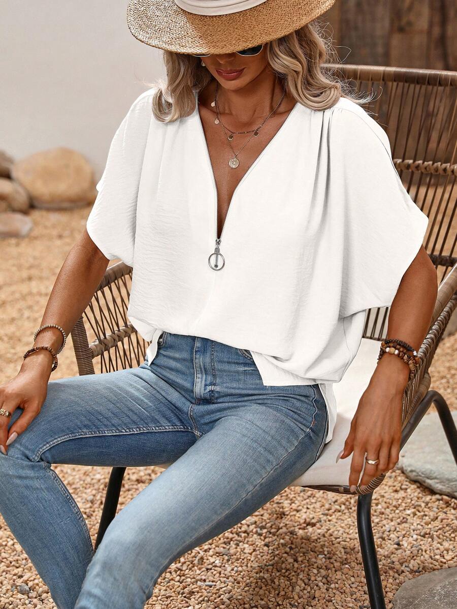 EMERY ROSE Women's Simple Solid Color Bat Wing Sleeve Shirt, Summer - White - View 1