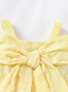 Souflis Souflis Mono de verano casual y lindo para bebé niña con estampado de coche y lazo grande en los tirantes, a rayas azules, estilo coreano - Amarillo - Ver 5
