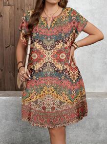 SHEIN LUNE Plus Size Women's Vintage Floral Print V Neck Bat Sleeve Casual Dress,Light Yellow,Summer,Boho,Vacation,Holiday Resort Wear Ladies Sun Dresses - Multicolor - View 6