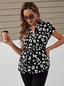 SHEIN Maternity V-Neck Short Sleeve Top, Stylish For Summer - Black and White - View 5