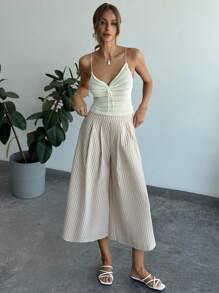 Firerie Pantalon large élégant et romantique à rayures pour femmes, convient pour les fêtes, les vacances, la rentrée, les rendez-vous romantiques et les mariages d'anniversaire - Kaki - Voir 5