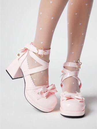 Kawaii Women's Pink High Heels, Y2K Style Sweet Bow Design Rock Punk Goth Shoes, Strap Buckle Lolita Japanese Mary Jane JK Uniform Dress Pumps