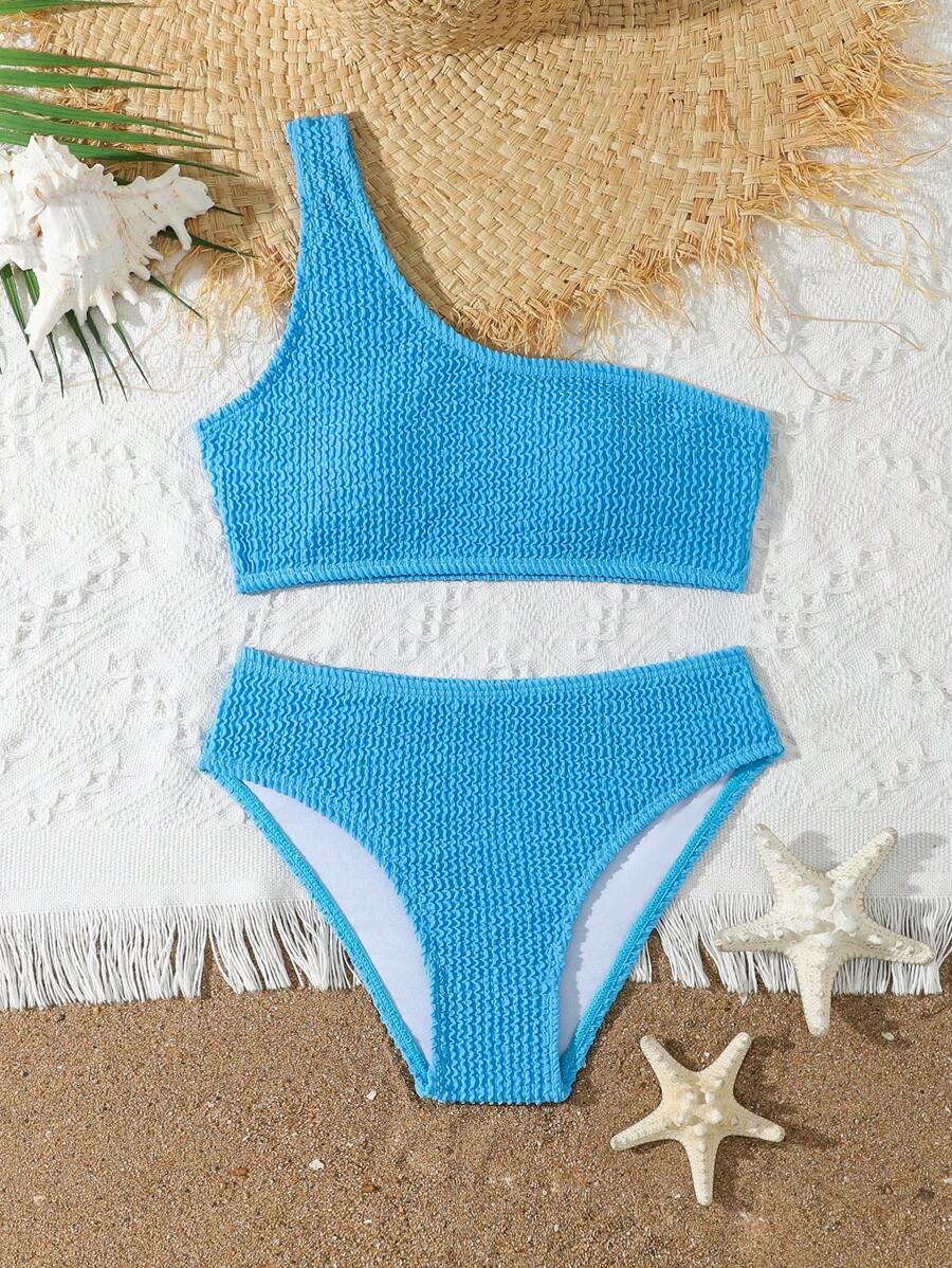 Tween Girls' Solid Color Textured One Shoulder Bikini Set, Summer Beach Vacation Bathing Suits For Teens Top Bathing Suits Teen Girl Two Pieces Swim Suits For Women 1 Piece Bathing Suit One Peice Bathing Suit For Teens - Blue - View 1
