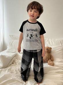 DAZY Young Boy Round Neck Short Sleeve T-Shirt With Raglan Sleeve And Pants Pajama Set - Grey - View 3