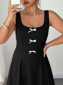 SHEIN LUNE Plus Size Women Casual Elegant Bow Decor Sleeveless Dress Graduation Dress Wedding Guest Dress Women - Black and White - View 4