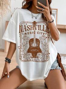 Muchica Oversized Casual Minimalist Music Festival Instrument Slogan Graphic Round Neck Short Sleeve T-Shirt, Loose Fit For Women - White - View 1