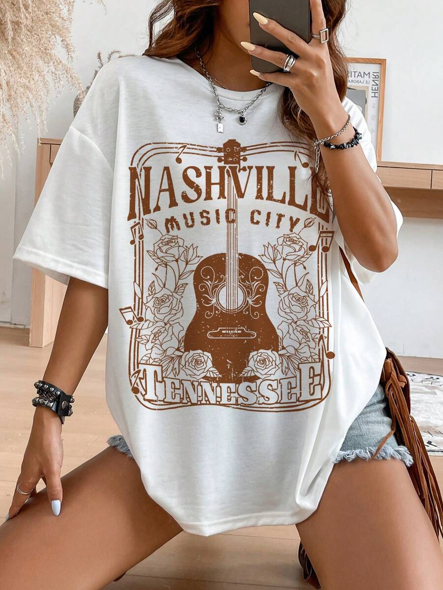 Muchica Oversized Casual Minimalist Music Festival Instrument Slogan Graphic Round Neck Short Sleeve T-Shirt, Loose Fit For Women - White - View 1