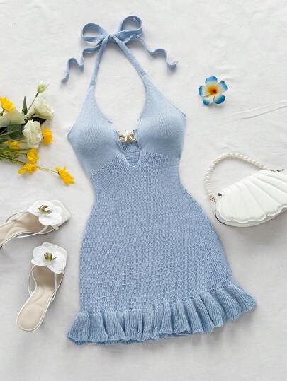 Soleia Women's Vacation Moss Green Halter Back Tie Hollow Out Ruffle Hem Mini Knitted Dress With Metal Buckle Decor Blue