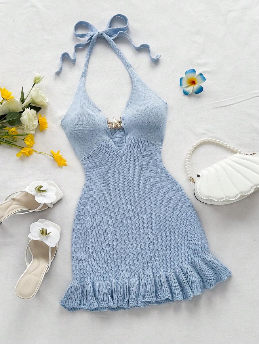 Soleia 女士度假苔绿色露背系带镂空荷叶边下摆迷你针织连衣裙，配有金属扣装饰 - 淺藍色 - 查看 1