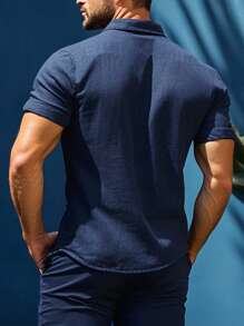 VENTUSAIL Men's Matured Button Placket Short Sleeve Shirt And Shorts Beach Outfit, Vacation Wear Clothes, Beach Set For Men, Cozy Outfits - Navy Blue - View 2