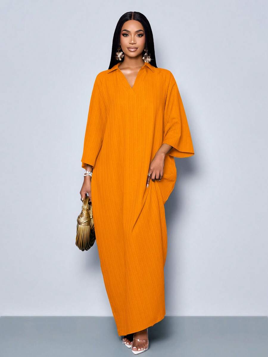 SOLERSUN Women's Fashionable V Neck Loose Batwing Sleeve Dress For Holiday Maxi Women Outfit - Orange - View 1