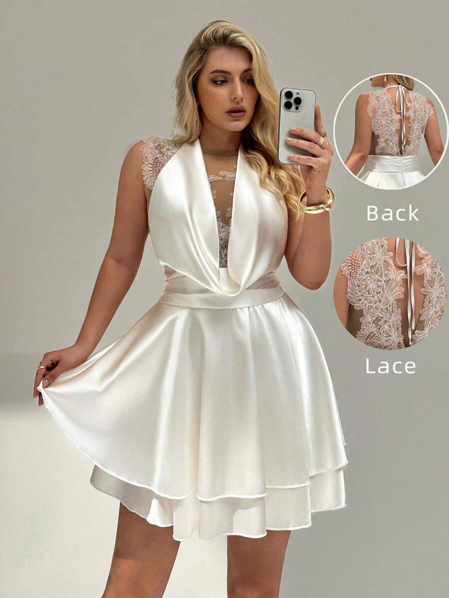 Auralis 大码女式圆领后背撞色蕾丝无袖优雅连衣裙 - 白色 - 查看 1