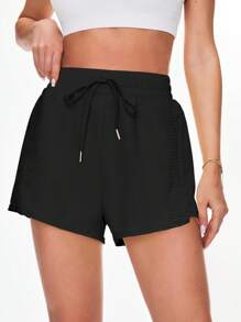 Easithlete Quần short thể thao màu trơn có dây rút túi eo cho nữ - màu đen - Xem 5