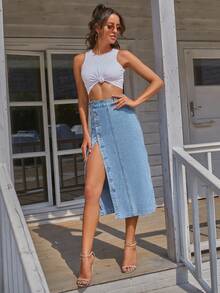 SHEIN PETITE Women's High Waist Single-Breasted Casual Denim Skirt - Light Wash - View 5