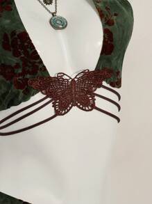 SHEIN ICON 女士两件套日常装假日植绒印花绿棕色胸前蝴蝶装饰露背上衣和臀裙 - 彩色 - 查看 8