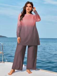Swim Mulvari Set de maillot de bain pour femme grande taille 2 pièces, style Moyen-oriental avec imprimé dégradé, manches longues, col rond, ample et ample. Loisirs et vacances