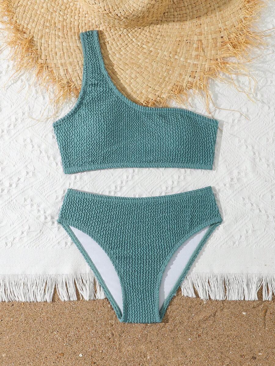 SHEIN Tween Girl Solid Color Textured Bikini Set, Beach Vacation Young Girls Sets One Piece Bathing Suit For Teens One Peice Bathing Suit For Teens One Piece Bathing Suit Bathing Suits 14 - Green - View 1