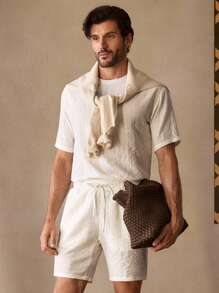 Manfinity NXTstreet 2Pcs/Set Men's Casual Loose Fit Round Neck Short Sleeve T-Shirt & Mid-Rise Drawstring Elastic Waist Shorts Set, Solid Color - White - View 5