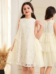 SHEIN Tween Girls Elegant Loose Fit A-Line Embroidered Lace Multilayer Ruffle Mesh Pleat Sleeveless Dress - Apricot - View 1