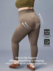 LUVLETTE Plus Women's Seamless Wide Waistband Waist Elegance Yoga Fitness Active Gym Basic Leggings - Brown - View 3