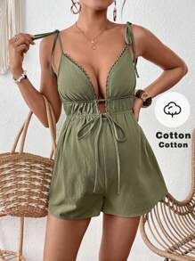 SHEIN Mono de tirantes finos con escote en V profundo y lazo delantero, unicolor, para mujeres embarazadas