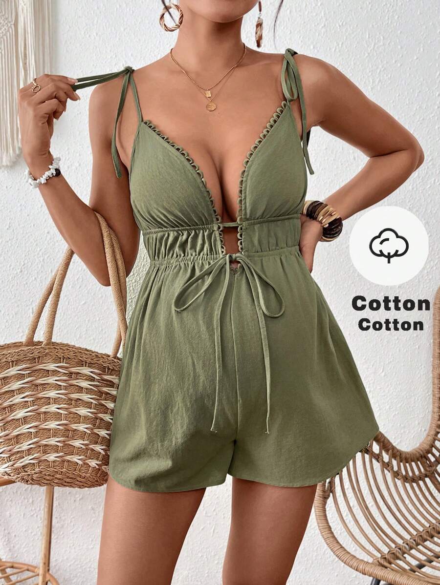 SHEIN Mono de tirantes finos con escote en V profundo y lazo delantero, unicolor, para mujeres embarazadas