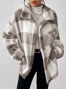 INAWLY Women's Plaid Fuzzy Single-Breasted Casual Loose Regular Jacket