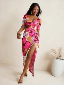 Eva Novielli 热带印花针织平纹深 V 高开叉长裙 女式度假优雅夏装 女式夏季连衣裙 女式长裙 女式长裙 女式连衣裙 女式派对连衣裙 - 彩色 - 查看 8