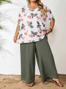SHEIN CURVE+ 2 Pieces/Set Women's Plus Size Printed Top And Green Pants Set, Fashionable New Set For Spring And Summer Outings, Casual Vacation Two Pieces Set, Curve Plus, Boho Vacation, Vacation Outfits Womanbeach Outfits For Woman/Beach Dress/Beach Vacation Outfits/Beach Essentials / Graduation/Tea Party Dress - Multicolor - View 4