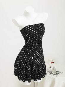 Elamini Black & White Polka Dot Backless Ruched Double Ruffle Hem Mini Dress, Elegant For Commute, Vacation, Beach, Sweet & Cute For Daily Wear, Dating, Versatile For Women In Summer - Black - View 1