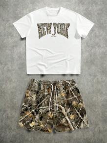 Manfinity Roghcode Men's Street Casual New York Letter Print T-Shirt And Shorts Set