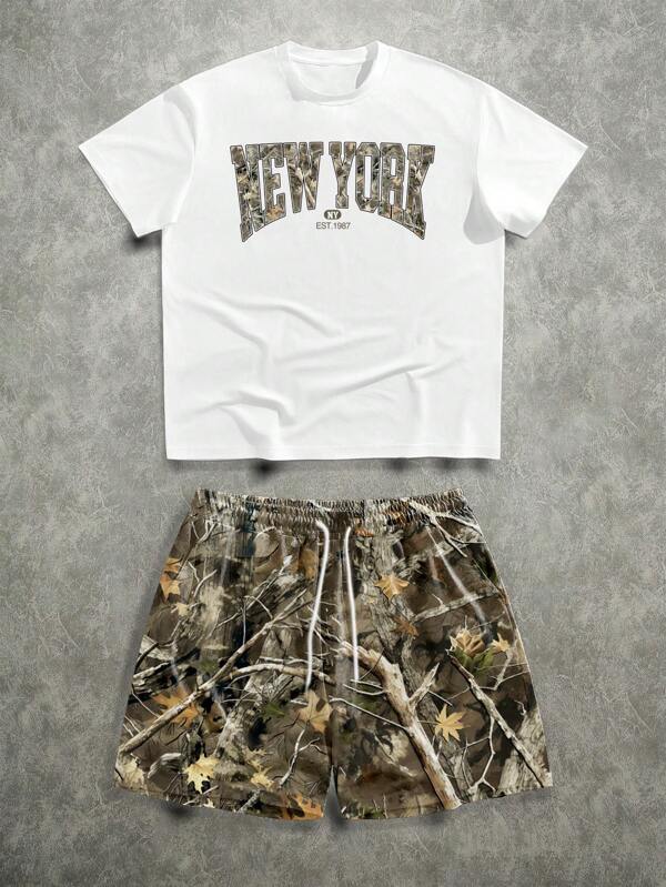 Manfinity ZONE917 Men's Street Casual New York Letter Print T-Shirt And Shorts Set